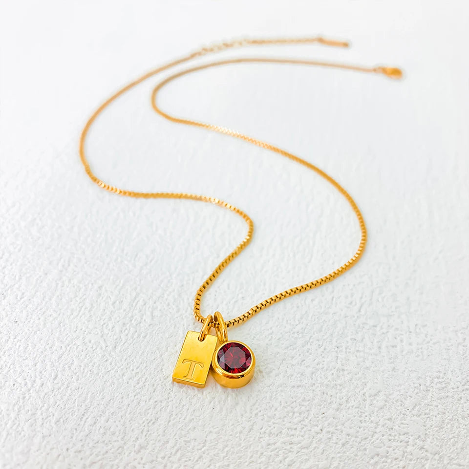 Custom Initial Tag Birthstone Necklace