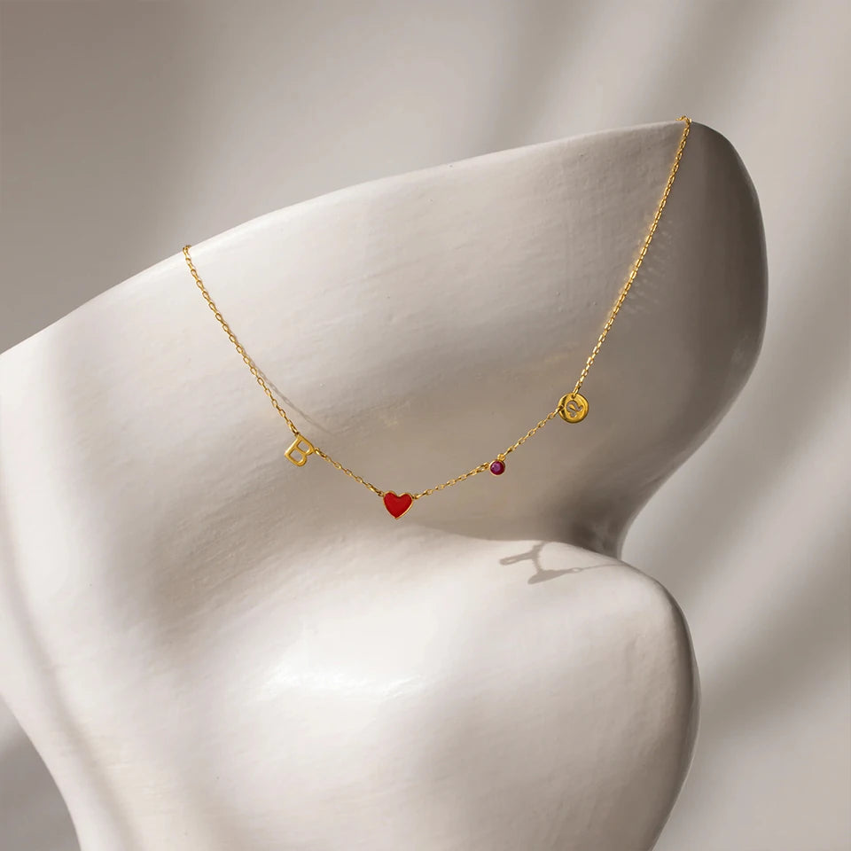 Custom Initial Heart Necklace with Birthstone and Zodiac Star Sign