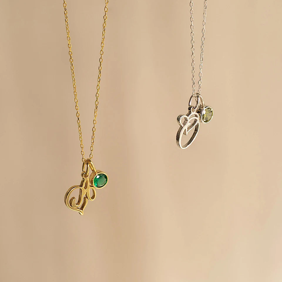Handwritten Love Initial Birthstone Necklace