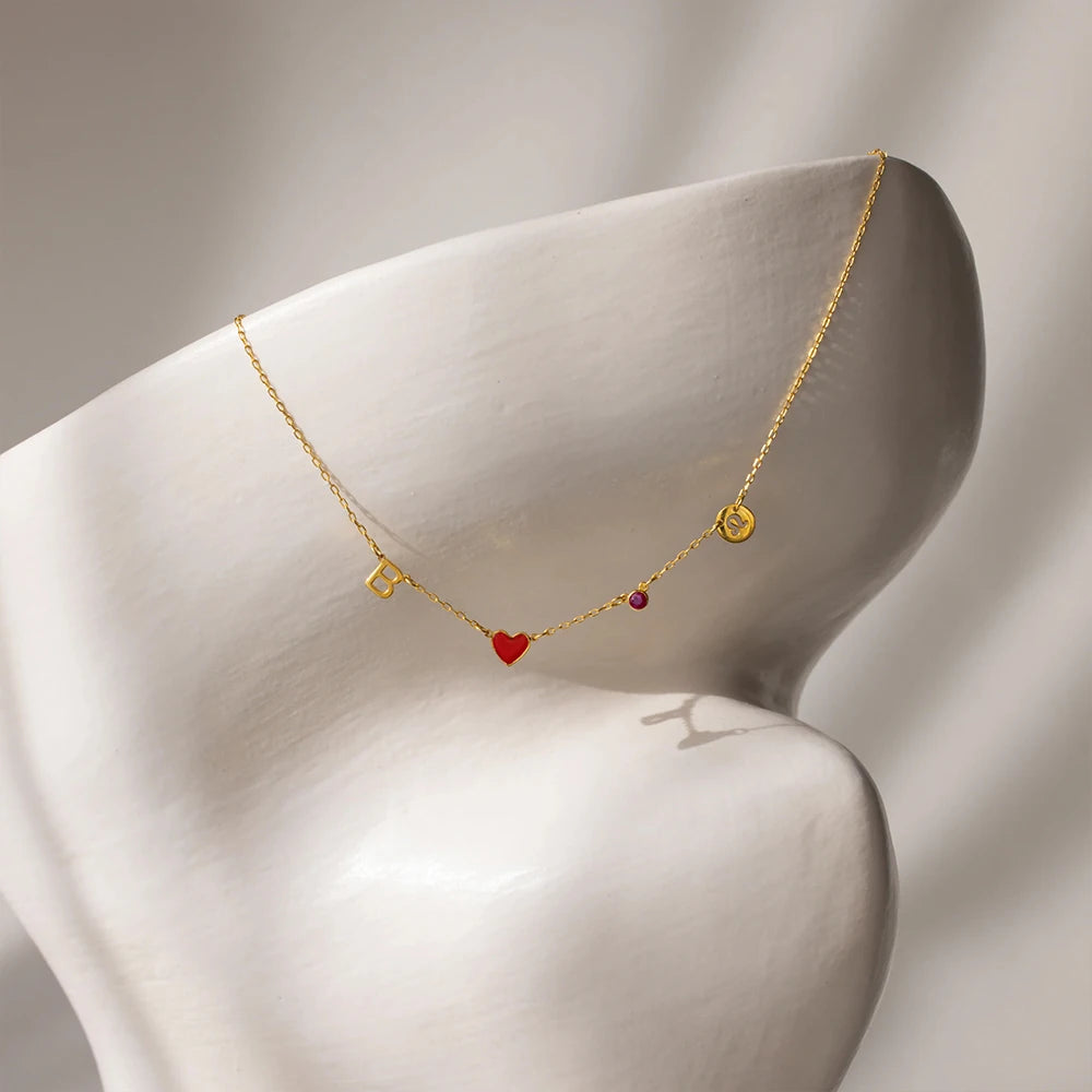 Custom Initial Heart Necklace with Birthstone and Zodiac Star Sign