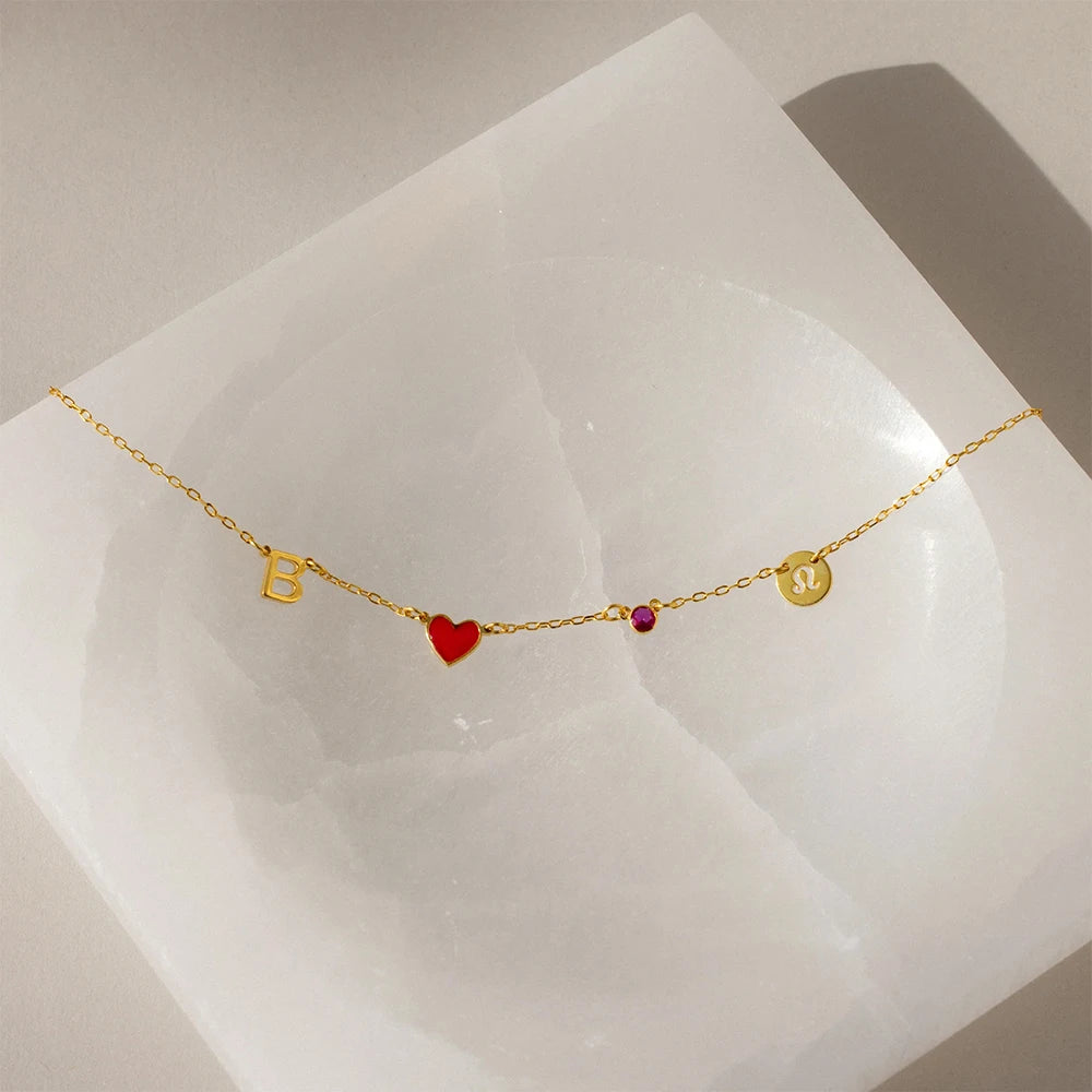 Custom Initial Heart Necklace with Birthstone and Zodiac Star Sign
