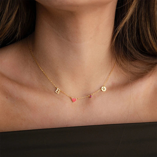 Custom Initial Heart Necklace with Birthstone and Zodiac Star Sign
