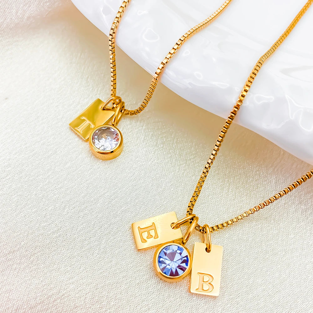 Custom Initial Tag Birthstone Necklace