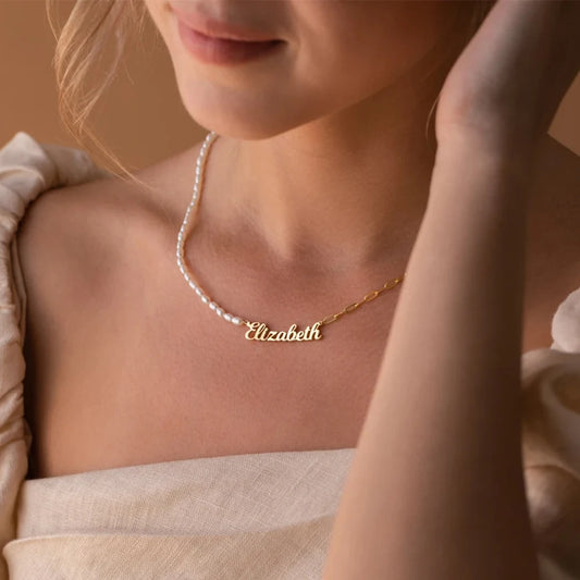 Personalized Freshwater Pearl Name Paperclip Necklace