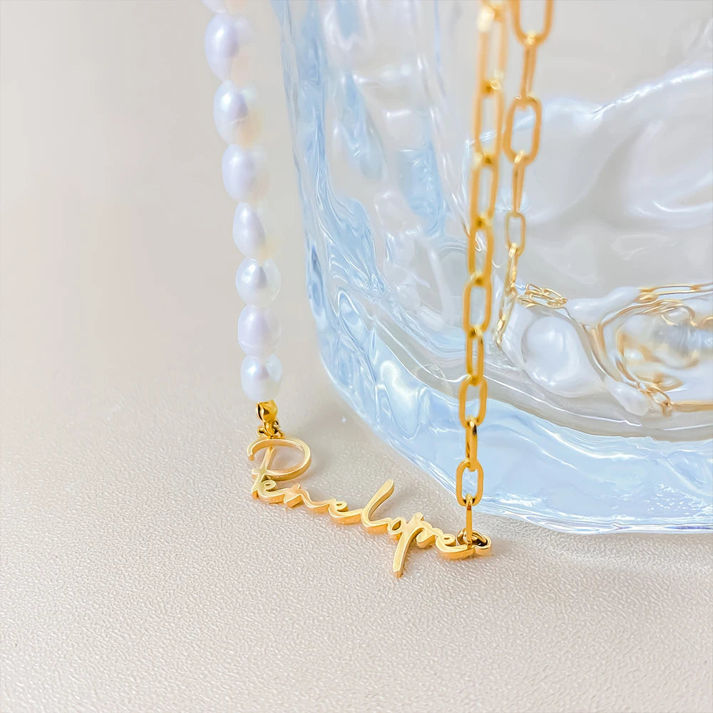 Personalized Freshwater Pearl Name Paperclip Necklace